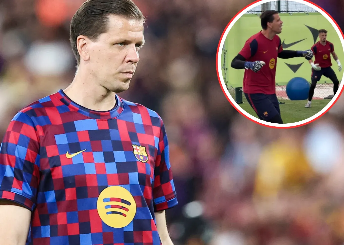 Wojciech Szczęsny w stroju FC Barcelony na boisku; obok fragment treningu bramkarskiego z piłką fitness.