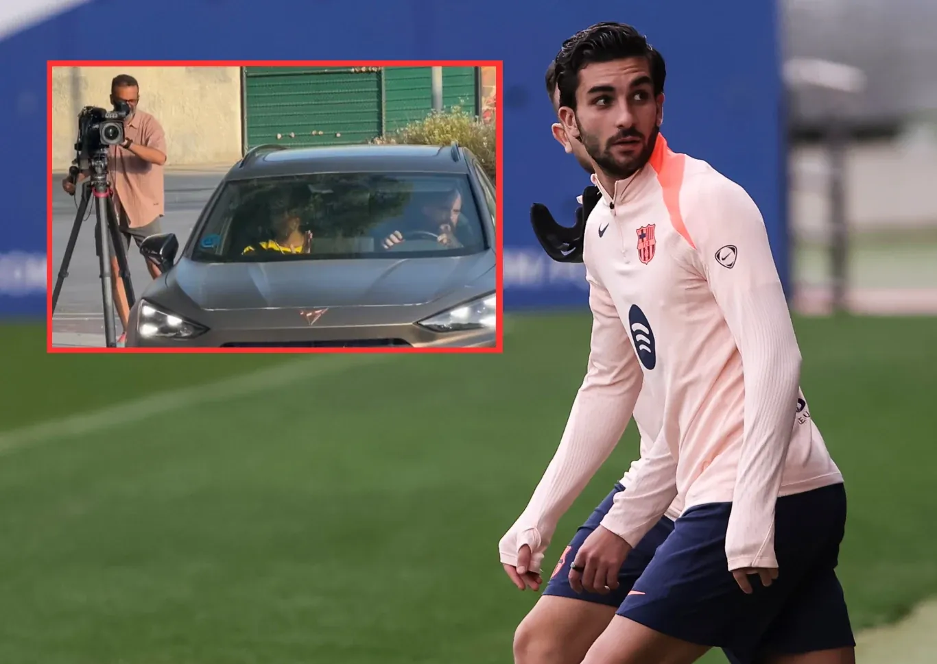 Ferran Torres na boisku w stroju treningowym Barcelony; w rogu samochód z pasażerami i kamerzystą.