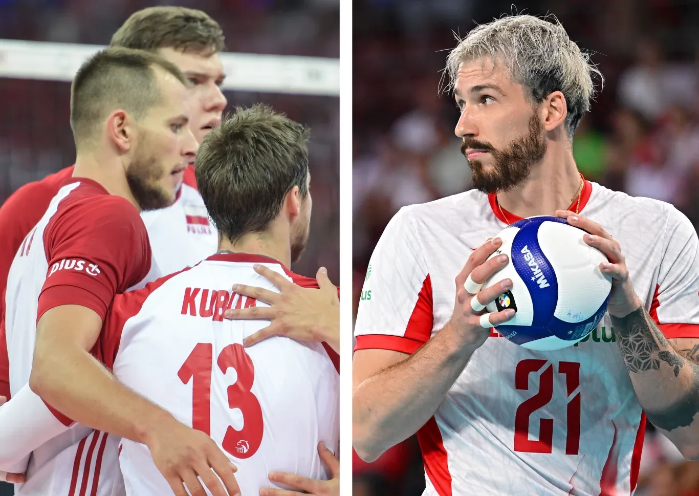 Siatkarz reprezentacji Polski z numerem 21 trzyma piłkę przed zagrywką, obok inni zawodnicy.